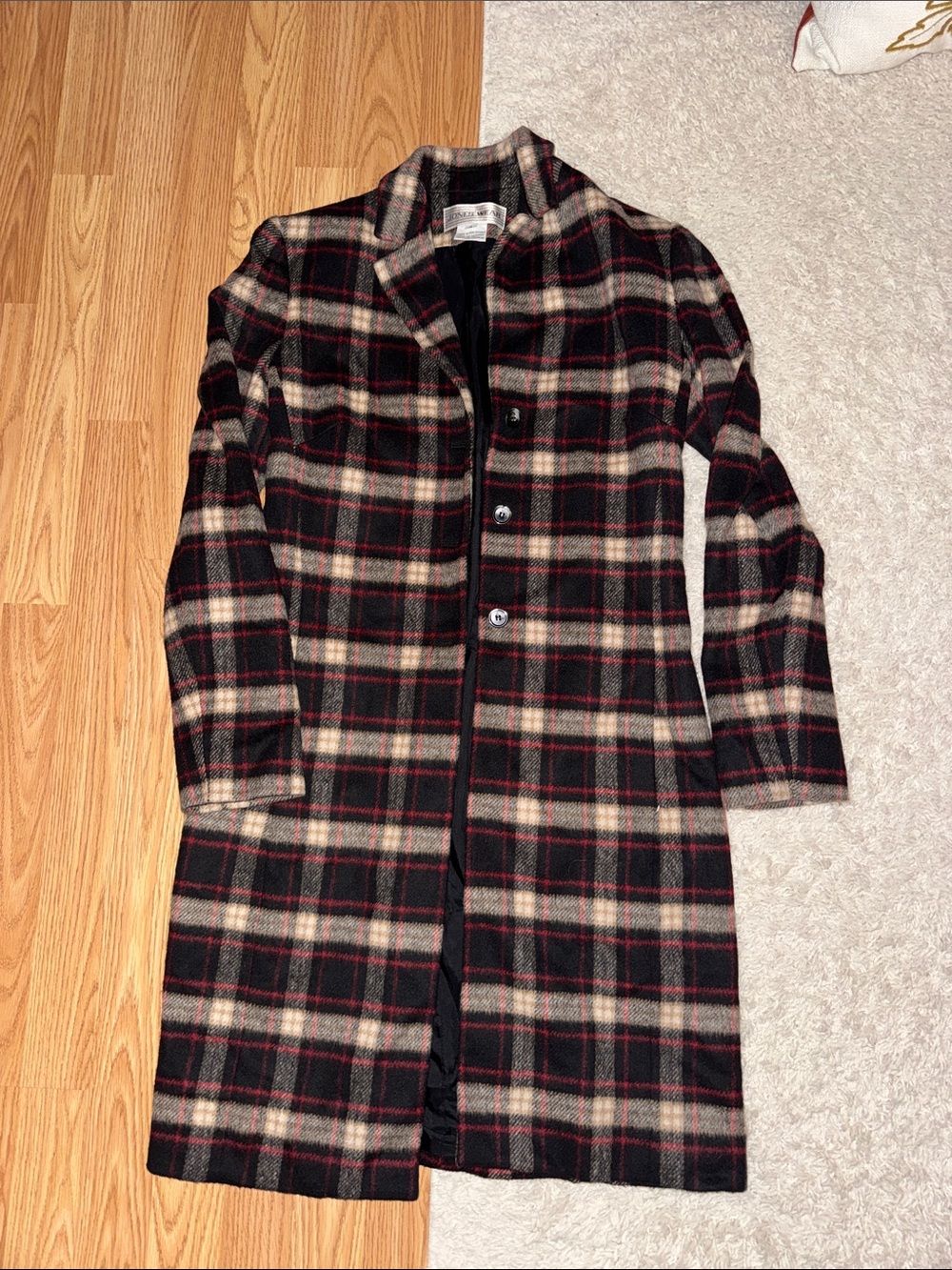 Jones Wear Plaid Long Wool-Blend Coat - Black & Cream